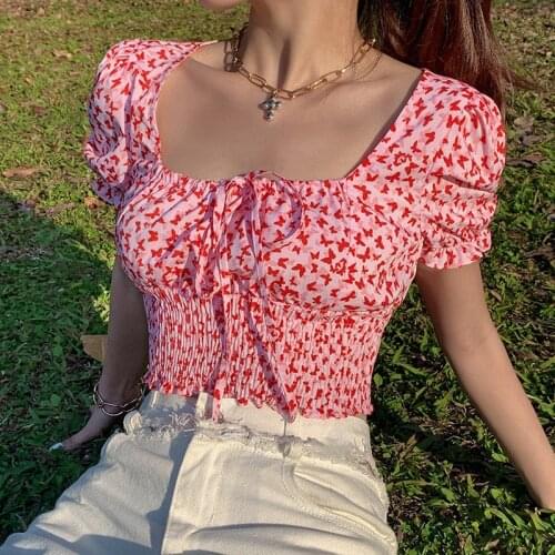Womens Square Collar T-Shirts Shot Puff Sleeve Fashion Floral Top for Summer Lace Up Crop Top Ruffles Strech Shirts Clubwear