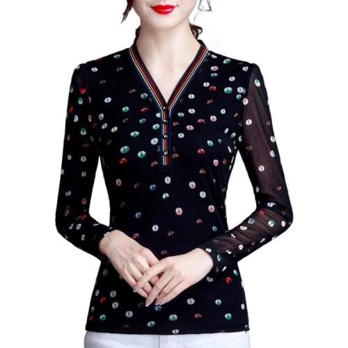 Women Spring Summer Style Lace Blouses Shirts Lady Casual Long Sleeve V-Neck Polka Dot Printed Blusas Tops RR0028