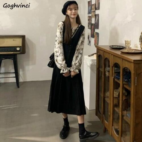 Women Sets Printed Blouses Vintage Petal Sleeve Pleated Dress High Waist Mid Calf Preppy Style Students Ulzzang Retro Design New