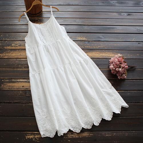 8887 New Spring Women Sling Dress Literary Loose Solid Color Embroidery Cotton Sleeveless Dress
