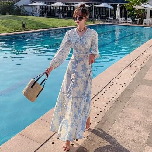 2021 New Fashion Vintage Printed V-neck Buttons Dress Womens Long Sleeves Korean Chic Loose Dresses Vestidos