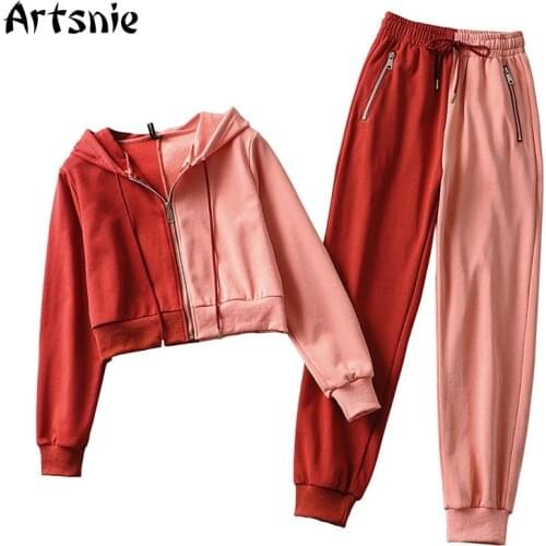 Artsnie Spring 2021 Two Piece Set Women Patchwork Sweatshirts Sweatpants Sportswear Suits Tracksuits Outfits Two Piece Set