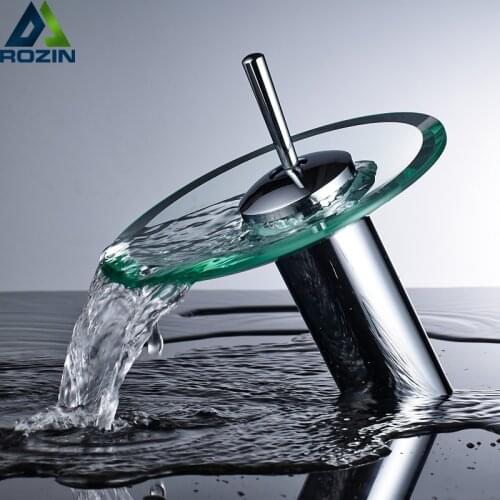 Free Shipping Glass Spout Waterfall Basin Faucet Single Lever Bathroom Vanity Sink Mixers with Hot and Cold Water Deck Mounted