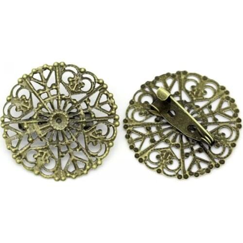 DoreenBeads Retail Copper Brooches Findings Round Antique Bronze Flower Pattern Hollow 3.2cm x 3.1cm,20PCs
