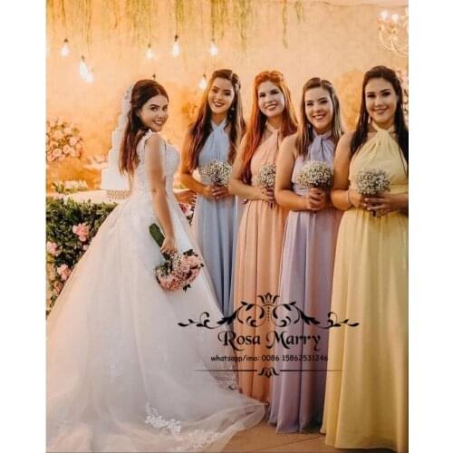 Elegant Plus Size Long Chiffon Bridesmaids Dresses 2021 A Line Halter Country Beach Wedding Guest Prom Gowns Maid of Honors