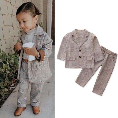FOCUSNORM Autumn Kids Girl’s Clothes Sets 2pcs Fashion Plaid Printed Long Sleeve Blazer Coat Elastic Long Pants 1-6Y