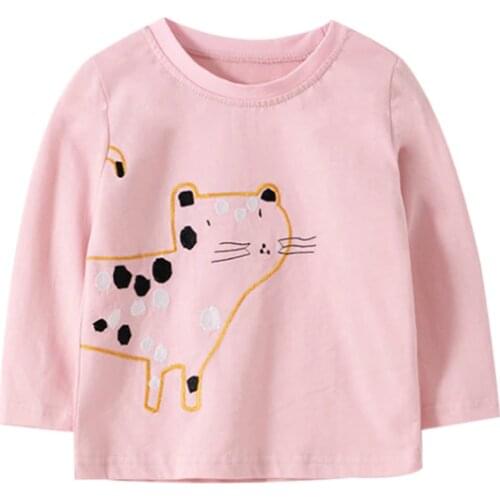 Jumping Girl New T shirt Hot Long Sleeve Autumn Winter T shirt Baby Girls Clothes Applique Cartoon Cat Kids Top T shirt
