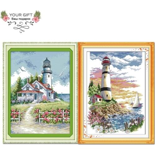 Joy Sunday Seaside Lighthouse Home Decor F780(2) F782(4) 14CT 11CT Counted Stamped Lighthouse Needlework DIY Cross Stitch Kit