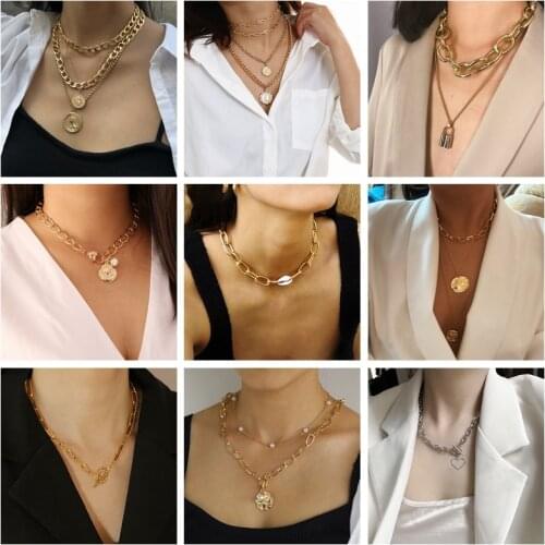 KINFOLK Punk Layered Cuban Necklaces For Women Portrait Choker Necklace Fashion Classic Thick Chain Necklace Metal Gold Pendant