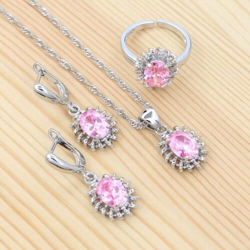 Silver 925 Jewelry Set Pink Cubic Zirconia Ring Earrings Pendant Silver Chain for Girls Prom Jewelry Birthday Gift