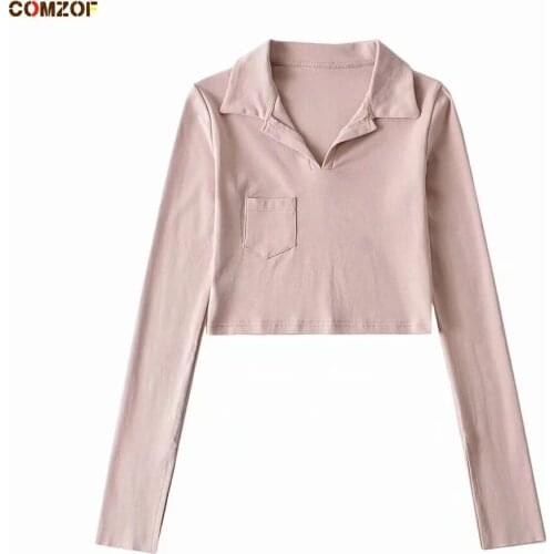 Long Sleeve Crop Top Women T Shirt 2021 Autumn Split Turn-Down Collar Pockets Tees Sexy Clothing Camisetas De Mujer
