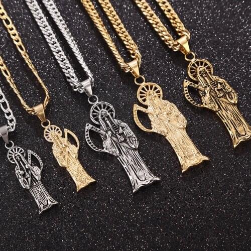 316L Stainless Steel Holy Saint Death Santa Muerte Pendant with 9MM chain Mens Necklace Gold Tone DIY Jewelry Making Gifts