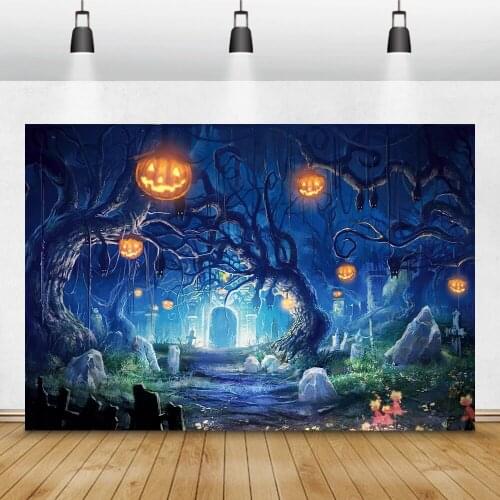 Laeacco Halloween Eve Night Party Background For Photography Pumpkin Horrible Forest Poster Kids Family Photocall Photo Backdrop