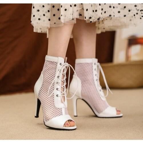 New Women Lace Up Summer Boots Black White Mesh Sandals Sexy Open Toe 10 Cm High Thin High Heels Party Shoes Large Size 34-43