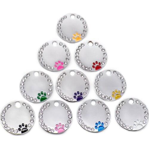 Wholesale Rhinestone Pawstrip Blank Dog ID Tag dog tags necklace Paw Puppy Dog Collar Pendant Customized Dog Tag Collar Cat Tags