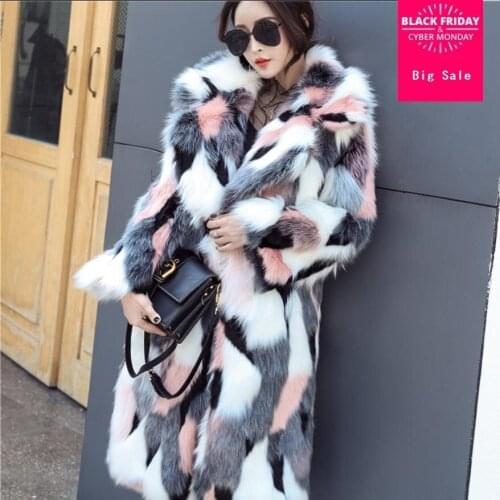 Winter womens coat faux fox fur parkas patchwork fur long sleeve coat female imitation fur overcoat slim casual outwear L1559