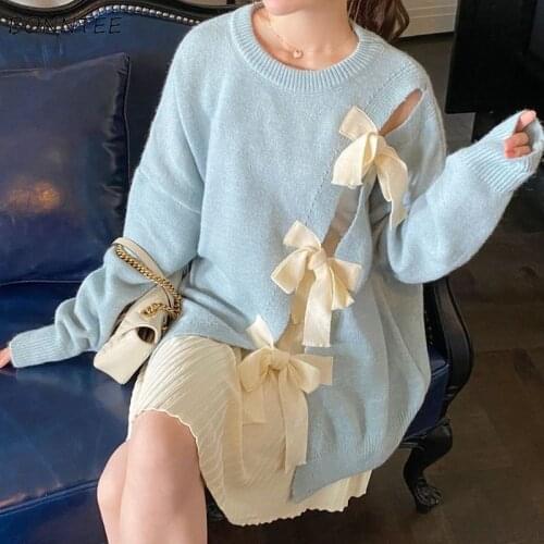 Pullovers Women Design Unique O-Neck Knitted Casual Spring Lovely Lace Up Stylish All-match Sweaters Oversized Loose Sweet Teens