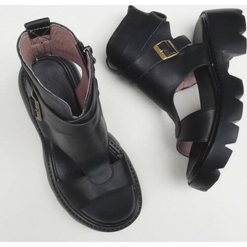 Women Shoes Gladiator Sandals Block Heels Black Womens Summer Sandals 100% Genuine Leather Platform Sandals Light EVA Sole