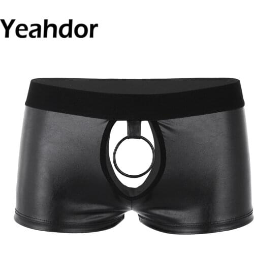 Sexy Mens Lingerie Pants Shorts Soft Faux Leather Cut Out Low Rise Boxer Briefs Erotic Underwear with Ball Lifter Metal O-ring