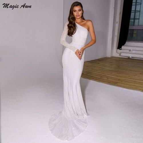 Magic Awn Shiny One Shoulder Mermaid Wedding Dresses Long Sleeves Illusion Glitter Pricness Bridal Gowns Bodice Robe De Mariee