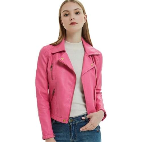 Hot Pink Cropped Zip Up Faux Leather Biker Jacket for Women Cute Ladies Slim Fit Slant Zipper Black PU Leather Moto Jacket