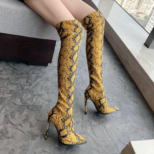 New Fashion Sexy Long Boots Lady Super Stretch Fiber Stiletto High Heel Womens Pointed Snakeskin Pattern Slip On Women Boots