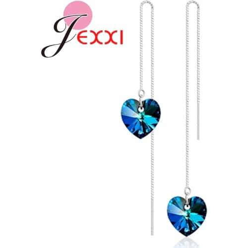 Austrian Crystal Heart 925 Sterling SIlver Thread Box Line Chains Earrings Jewelry Fashion Party Accessory for Women