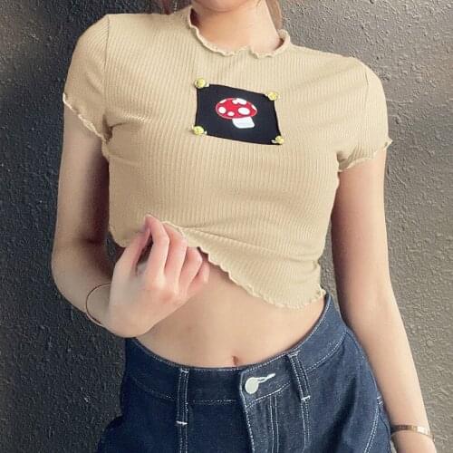 SEASONS Indie Aesthetics Patchwork Ribbed Ruffles Brown Tops Vintage Short Sleeve Crop Tops Mushroom Embroidery Tops ASTS82604