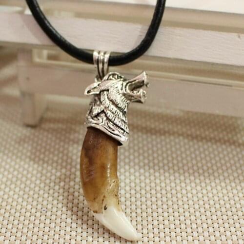 Tibetan silver color alloy inlay White Real Fang Amulet Pendant Leather cord Necklace
