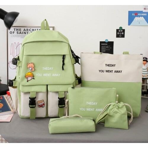 5Piece Set Kawaii Schoolbags for Teenage Girls Women Backpack 2021 Canvas Travel Back Pack Student Notebook Bookbags Schoolbag