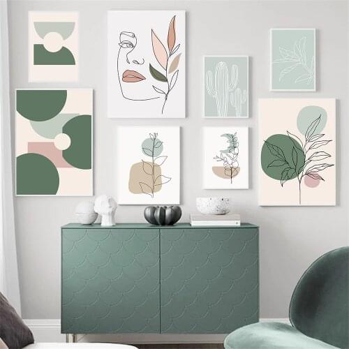 Abstract Plant Leaves Cactus Canvas Painting Woman Line Face Poster Sun Moon Geometry Wall Art Print Pictures Living Room Decor