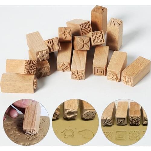New Wooden Stamps Hand Carved For Printing DIY Clay Pottery Printing Blocks Fish Bone / Squirrel / Flower / Deer Clay Tools