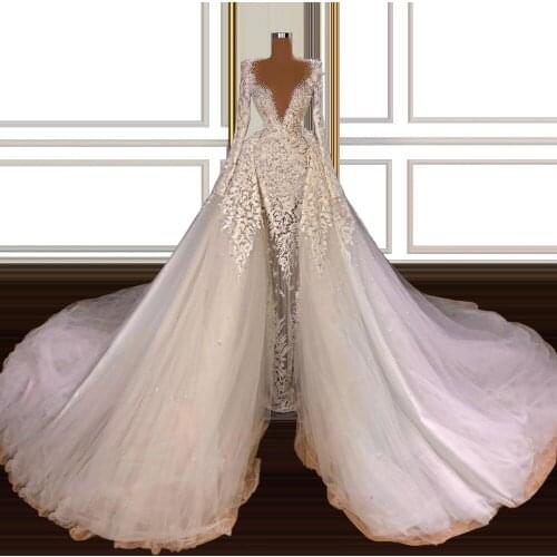 Two In One Lace+Tulle Dubai Wedding Dress robe de mariée manche longue Islamic Turkish Muslim Pearls Beaded Wedding Gowns