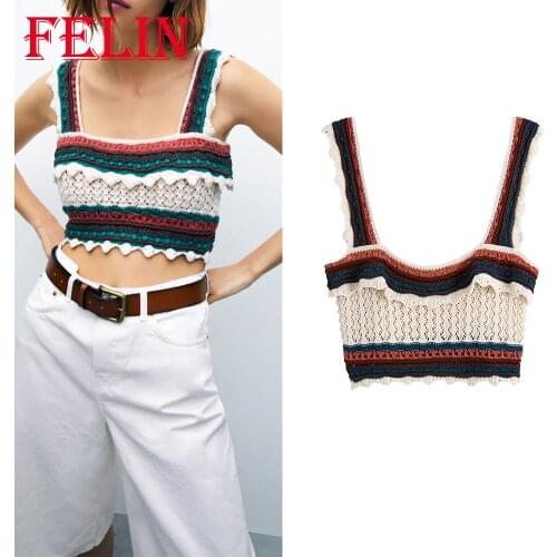 FELIN Za Fashion 2021 Sexy Cropped Tops Mujer Knitted Cotton Vintage Ruffles Tanks Women Sleeveless Tops