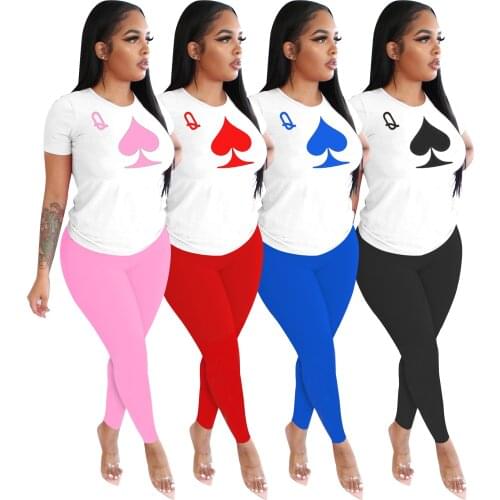 Fitness Lounge Wear Women Sport Poker Card Q Two Piece Set T-shirt Tops +Jogger Sweatpant Suit Tracksuit Matching Set Outfits