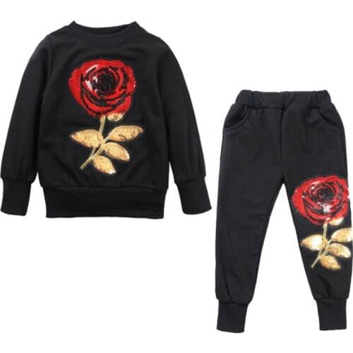 Girls Clothes Spring Autumn Long-Sleeved Rose Sequin Applique Tracksuit For Girl Leisure Sports Suit For Boy Childrens Clothing