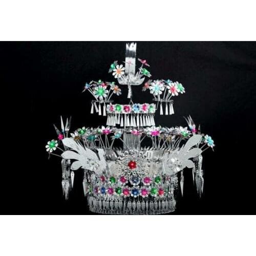Miao hats Dong ethnic colored silver headgear stage photo area headwear