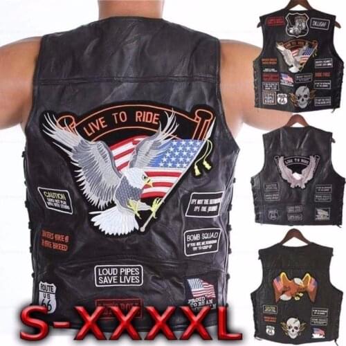 Motorcycle Vest Men Sleeveless Jacket Coat Letter Embroidery Quality Genuine Leather Sheepskin Clothing Vest V-Neck Man Clothes
