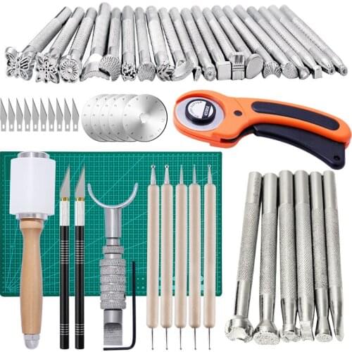 LMDZ Leather Tool set Metal Stamping Kit Punch Printing Tool And Double-Sided PVC Cutting Mat Rotating Blade For Sewing DIY
