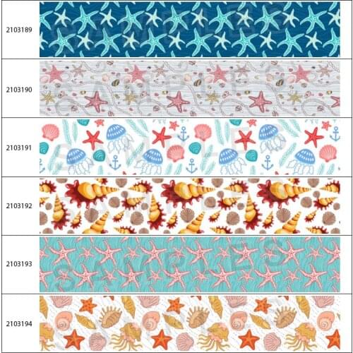 New 10yards Ocean Series Shell & Starfish Pattern Printed Grosgrain/ Satin Ribbon