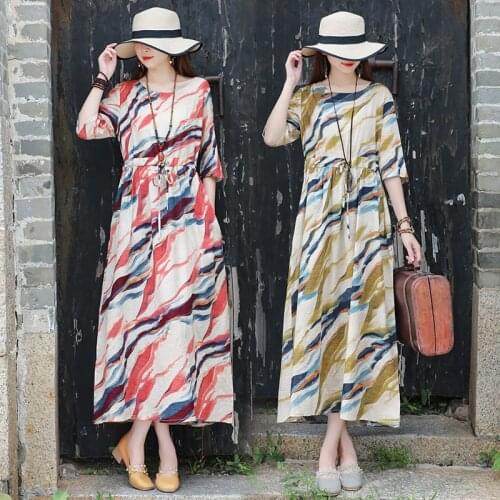 Tie Dye Print striped Cotton Linen Fashion Women Summer Dress Draw String Office Lady OL Work Dress Holiday Travel Casual Dess