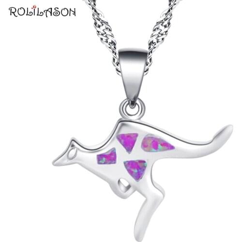 ROLILASON charming small kangaroo design silver color stamped plus pink opal necklace pendant fashion wedding gift OP853