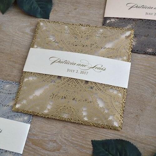 Luxury gold invitation with belly band laser cutting offer customized printing party invites free ship