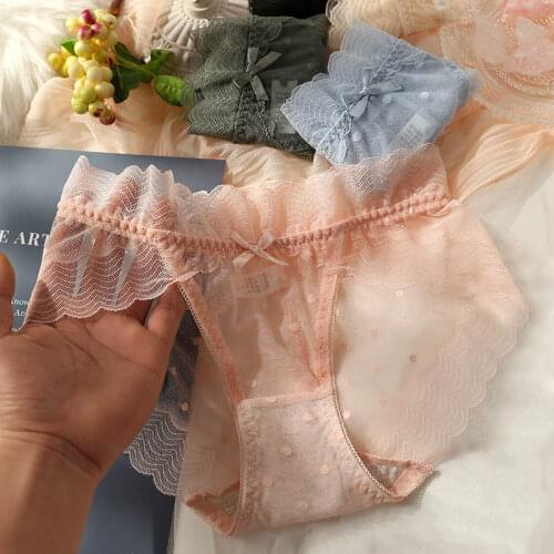 Women Sexy Hollow Transparent Lace Ice Silk Breathable Soft Panties Thin Quick Dry Seamless Dot Cute Lovely Underwear Breifs