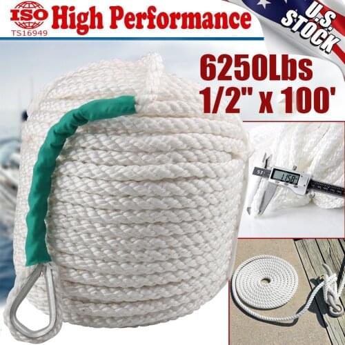 1/2"x100' Twisted 3 Strand Nylon Anchor Rope Boat w/Thimble Rigging Line 6250LBS
