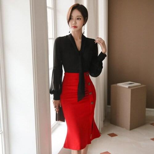 2020 Women Elegant 2 Pieces Set V-neck Lantern Sleeve Chiffon Splicing Blouses + Female Fashion Half Body Skirt Set Vestidos