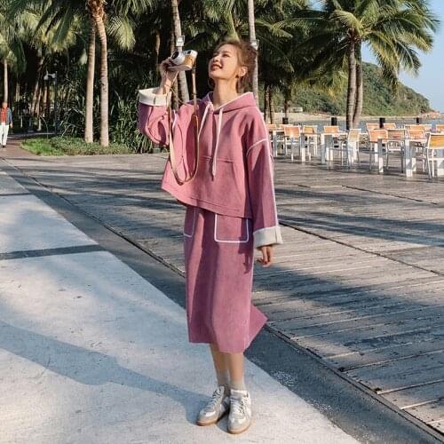 Purple 2 Piece Sets Hoodie and Skirts Spring Fall Women Fashion Korean Loose Hooded Sweatshirts Elastic Waist Skirt Outfits L18