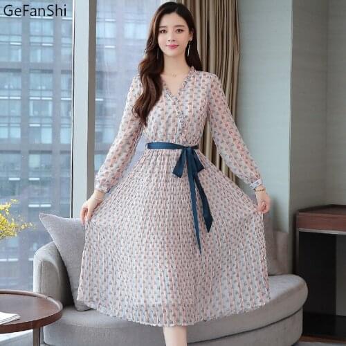 Women Autumn Winter Floral V-Neck Belt Elastic Waist Chiffon Long Sleeve Pleated Dress Fashion Casual Elegant Lady Dresses Robe
