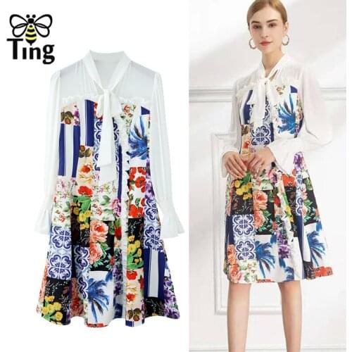 Tingfly Vintage Elegant Flower Print A Line Women Dress Bowknot Collar Street Casual Ruched Knee Length Vestidos Elbise France