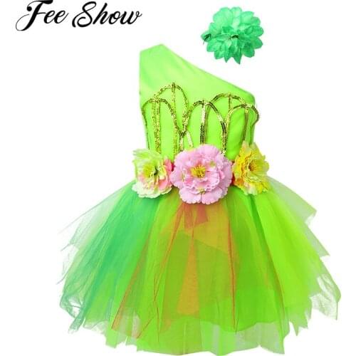 Girls Ballet Dress For Children Girls Dance Dress Kids Sequins 3D Flower Mesh Tutu Dress Modern Dance Salsa Ballroom Costume